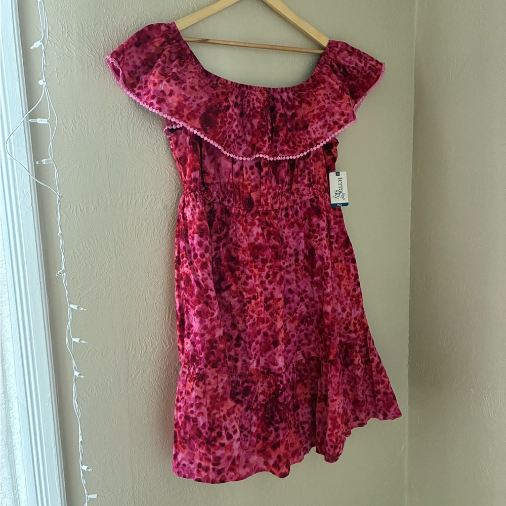 Terra & Sky 100% Cotton Pink Floral Off-Shoulder Ruffle Plus Sized Dress